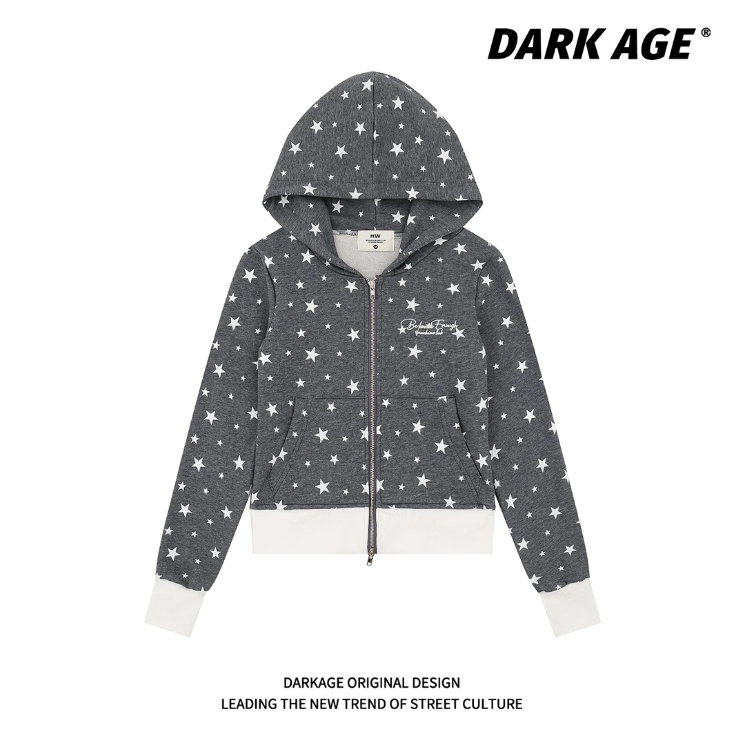 DARKAGE原创美式复古短款星星满印连帽卫衣女款秋季修身显瘦外套