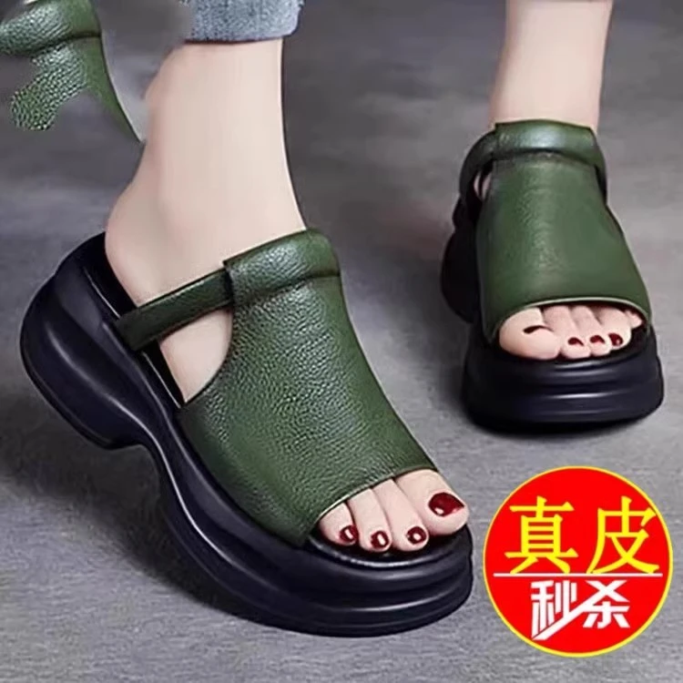 小个子增高厚底真软皮外穿鱼嘴凉拖鞋女夏季新款轻便软底一字拖女