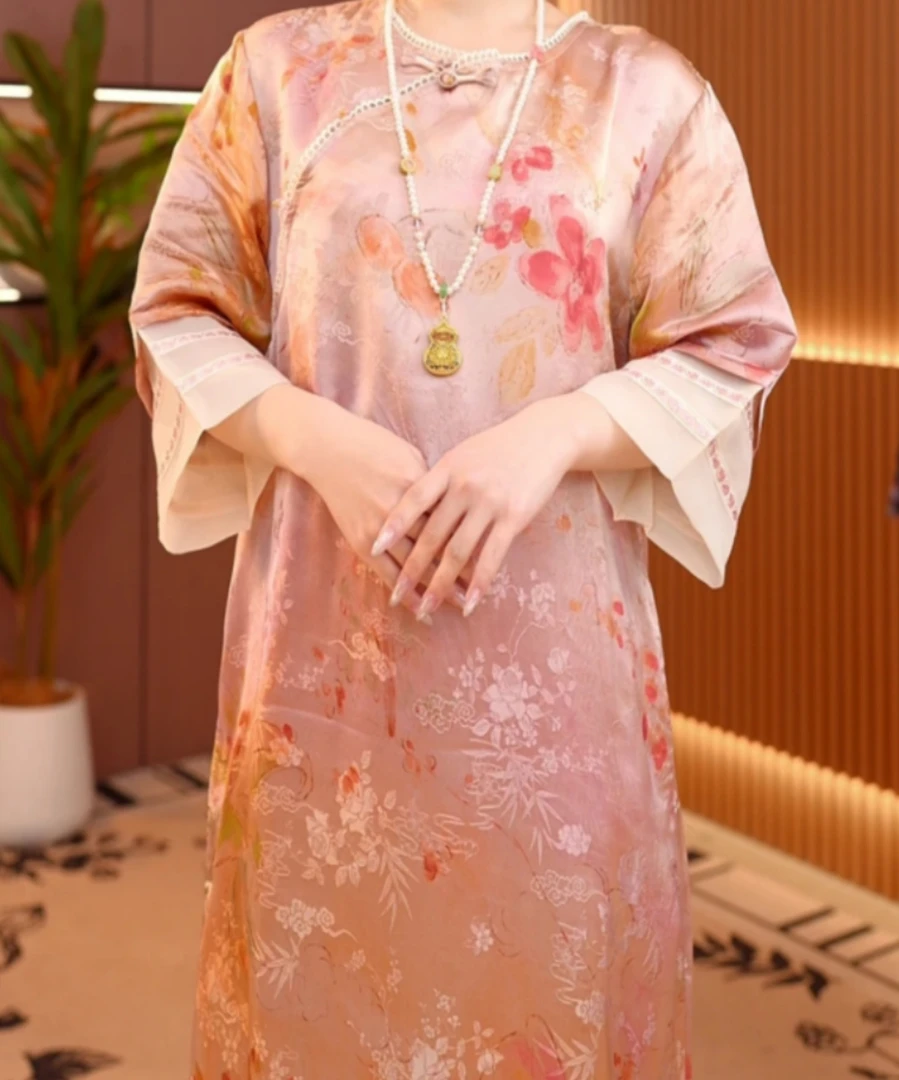 （雪媚娘-玉玲珑）新中式2025新款中式斜襟国风古韵江南丝绸连衣裙