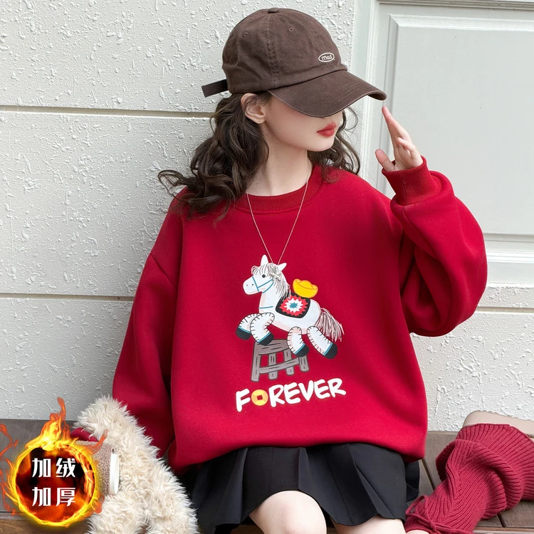 女大童马年加绒红色卫衣冬季2026新款儿童本命年上衣女孩新年衣服