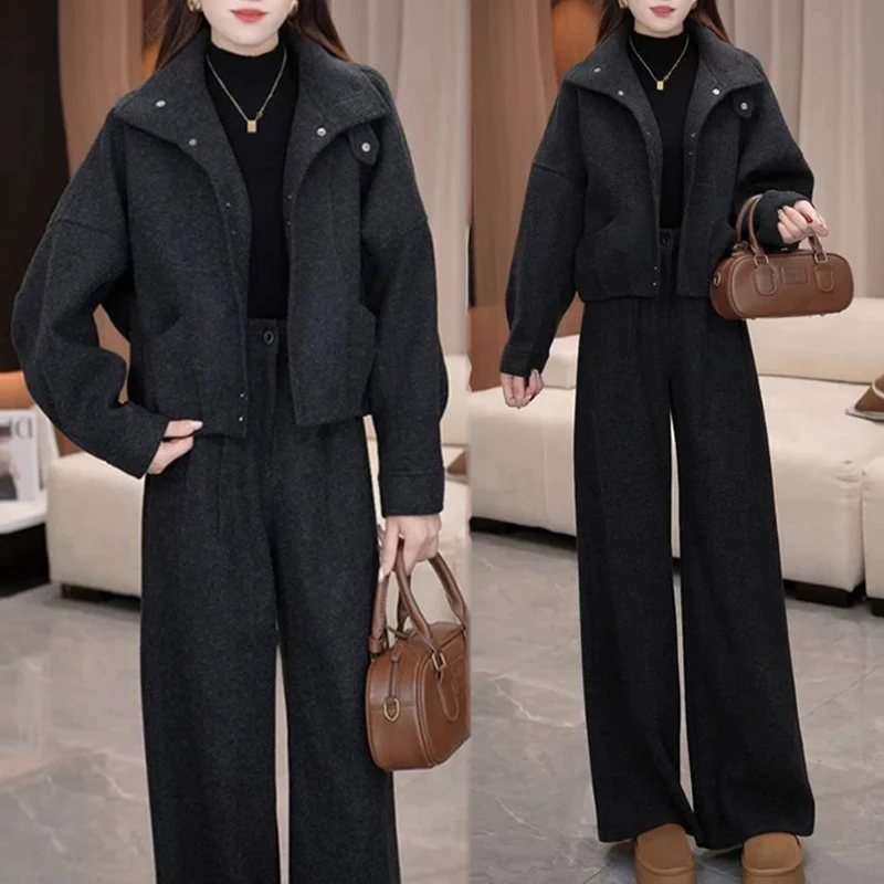 时尚洋气毛呢夹棉加厚套装女冬季新款显瘦减龄短外套阔腿裤两件套