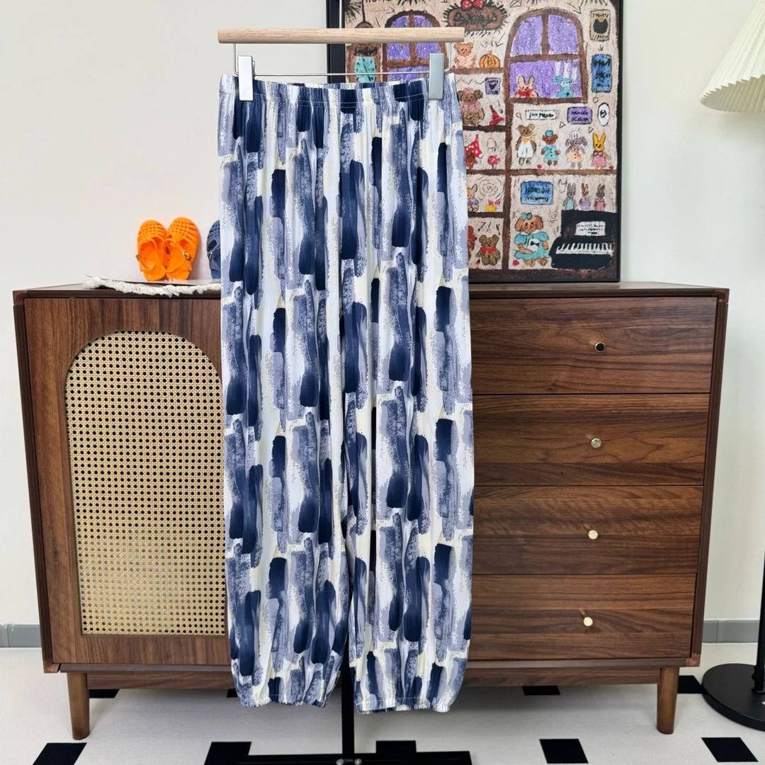 成人薄款夏季居家人造棉棉绸睡裤沙滩长裤大码宽松棉绸束脚防蚊