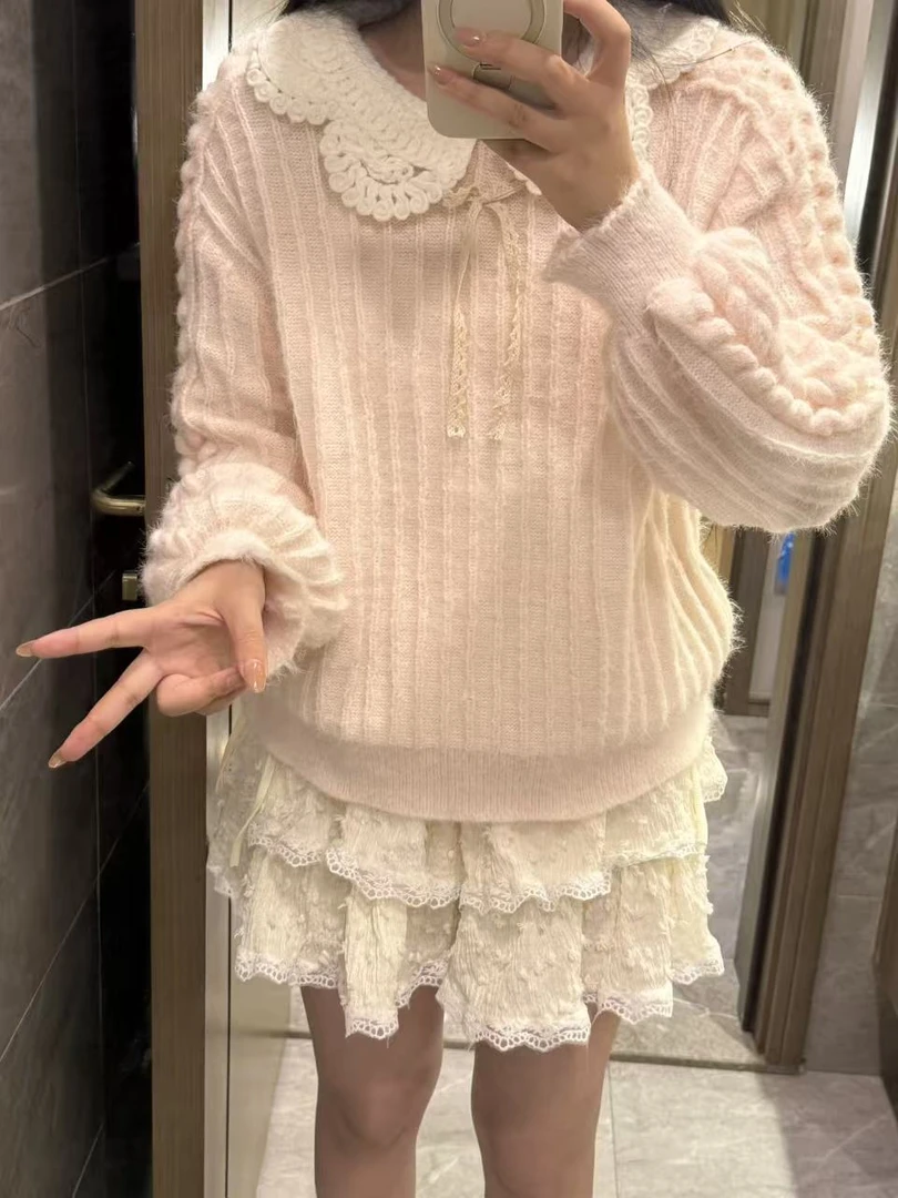 （这是雯雯）小兔娃娃领浅粉色可爱甜美风套头毛衣