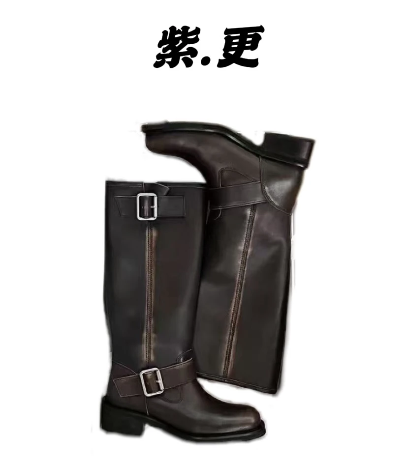 【紫.更】复古擦色长靴马靴时尚长筒