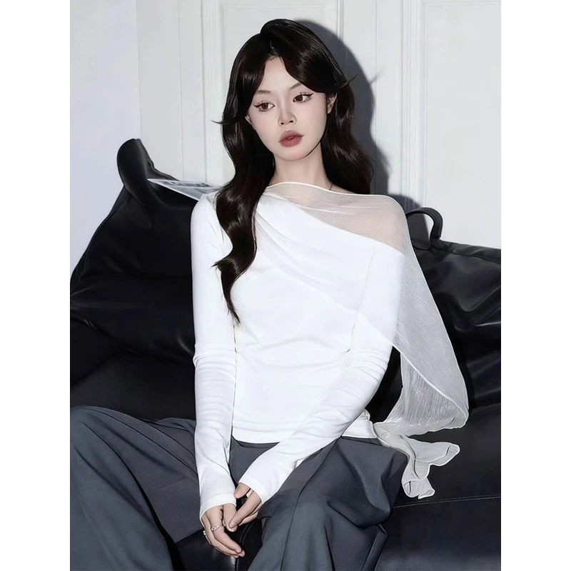 韩系巨好看斜肩飘带挂脖长袖T恤女早秋温柔气质收腰显瘦露肩上衣