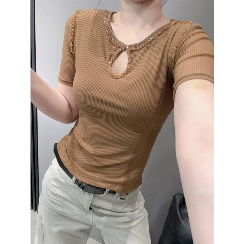 纱衣网纱钉珠短袖T恤女设计感气质百搭紧身性感镂空上衣夏季欧货