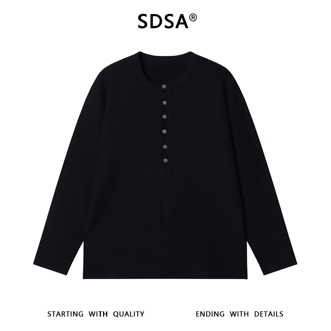 SDSA秋冬新款痞帅男装宽松简约美式小格子半纽扣圆领毛衣百搭简约