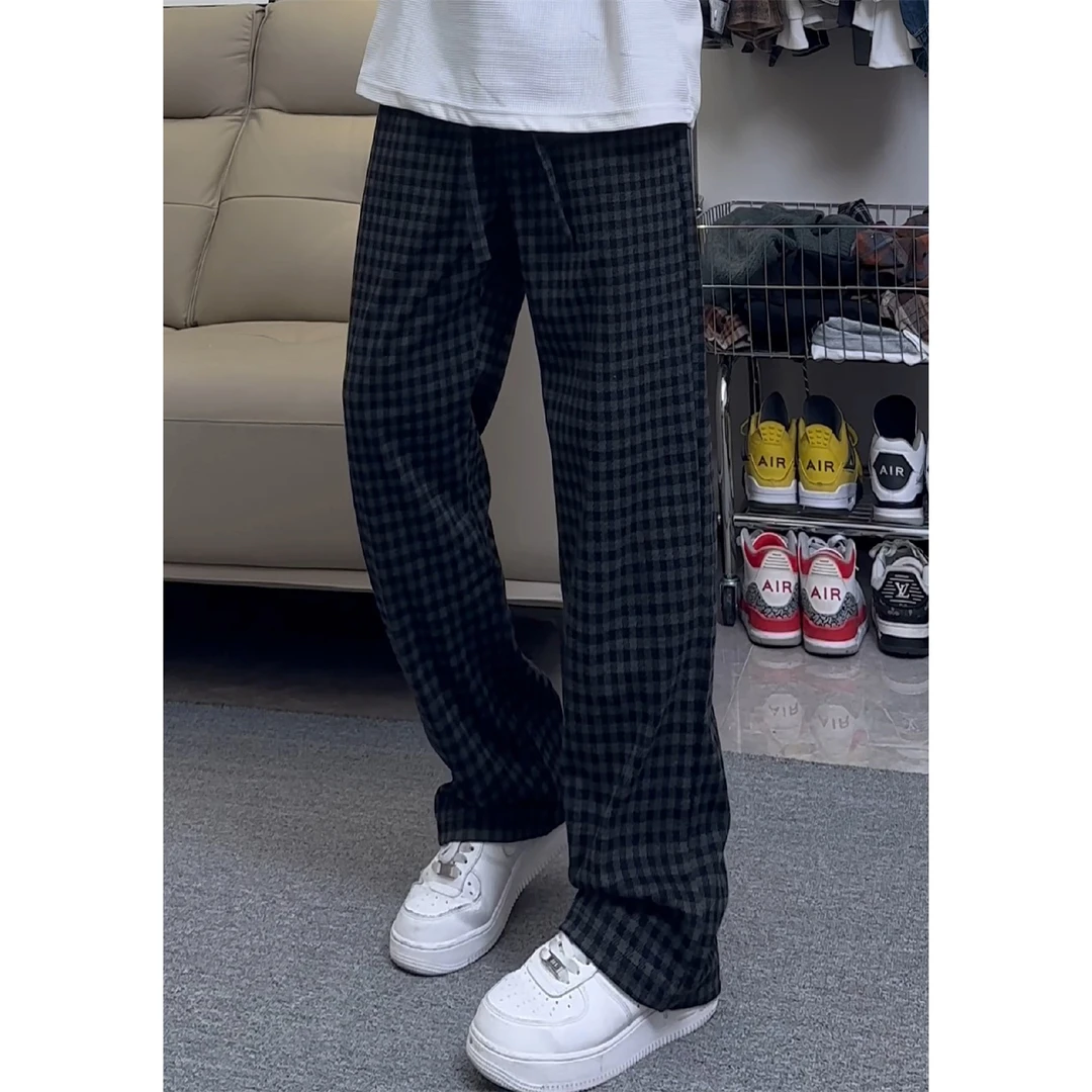 cleanfit黑色毛呢格子阔腿裤男款宽松慵懒风直筒裤子运动休闲长裤