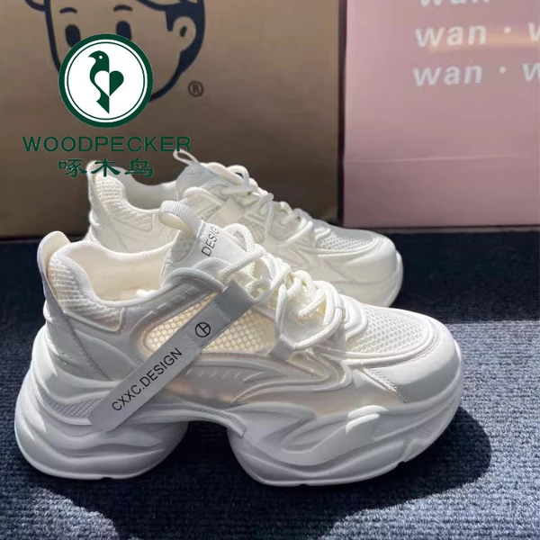 啄木鸟老爹鞋女松糕厚底内增高2025新款春夏季网面透气休闲小白鞋