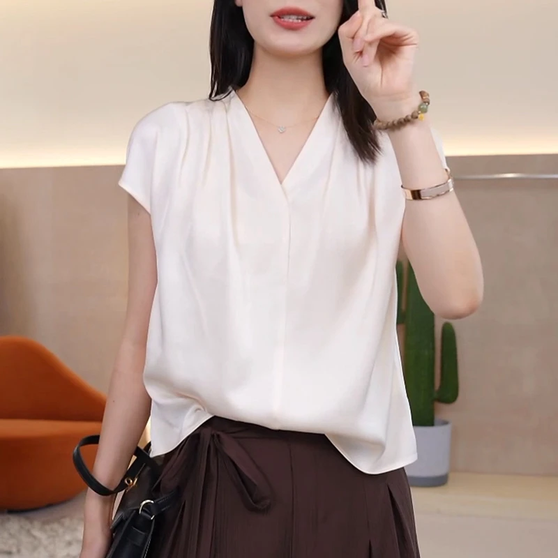 韩版V领纯色短袖T恤女2025年夏季新款时尚设计感休闲百搭上衣潮