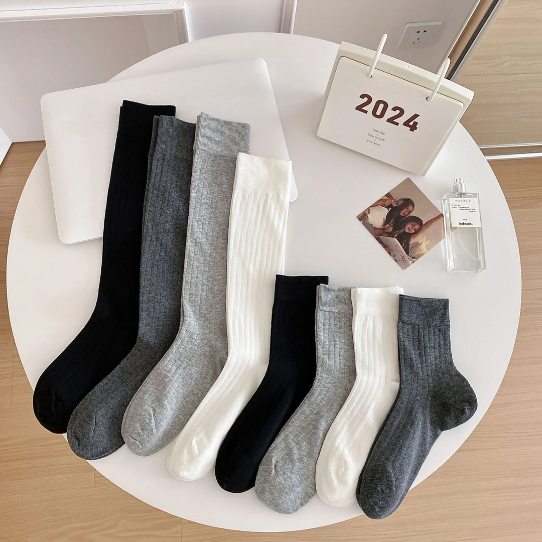 [兔友家]小腿袜黑白灰极简miu风宽坑条JK长筒袜堆堆袜竖条中筒袜