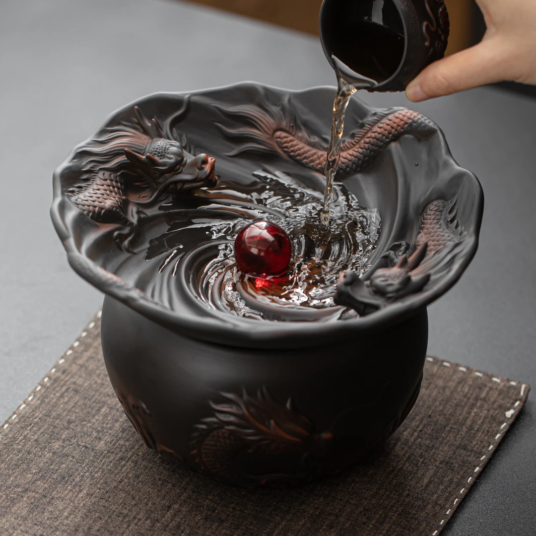 高端紫陶双龙戏珠茶渣缸茶洗茶滤盘茶桌必备茶器摆件高档大气爆款