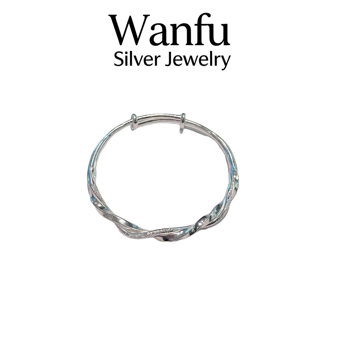 足银手镯 足银999.9推拉手镯莫比乌斯满天星扭麻花实心手环