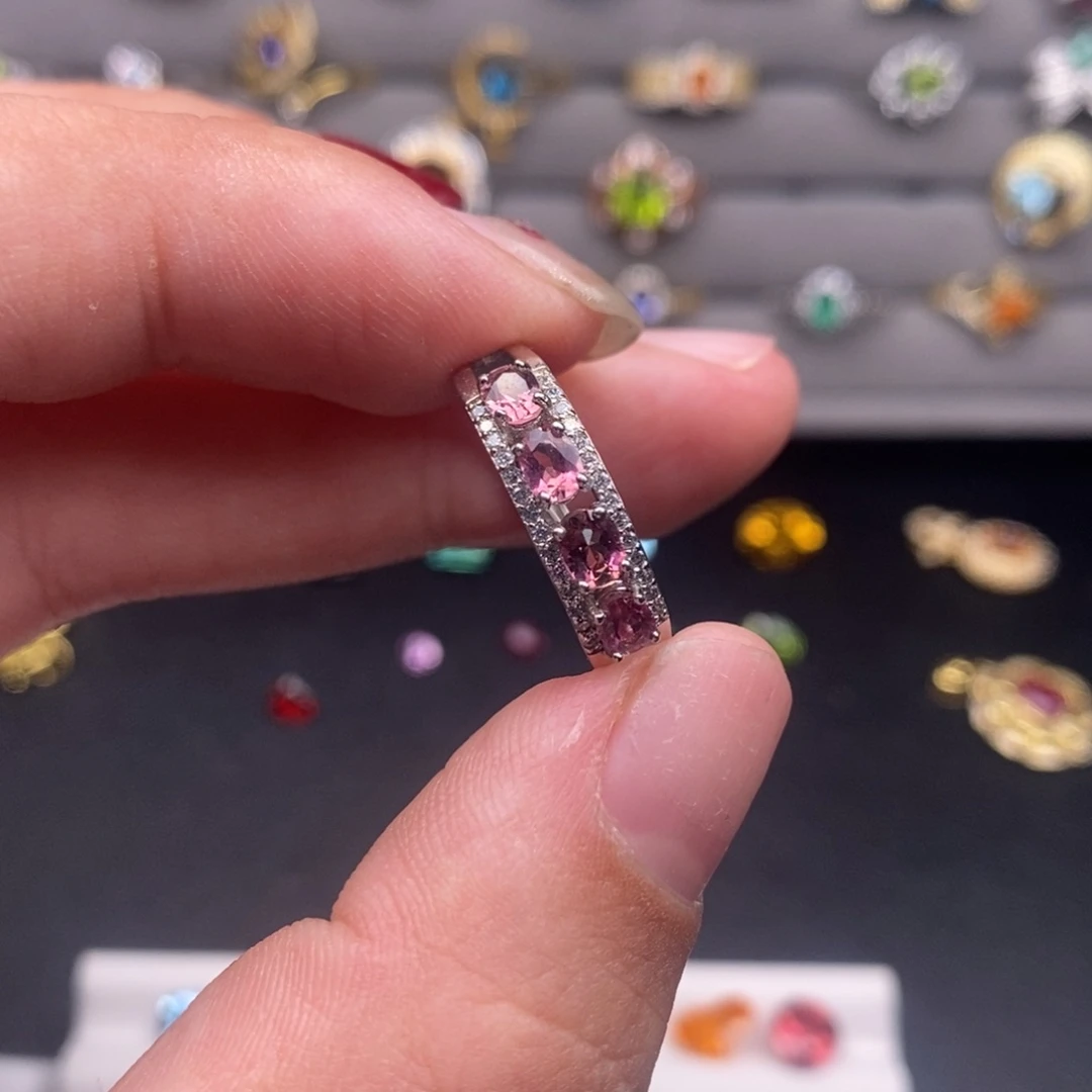 碧玺戒指银S925镶嵌樱花粉