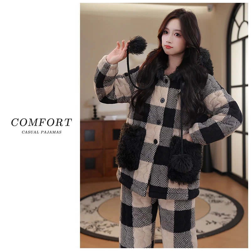 2025冬季新款三层夹棉加绒加厚睡衣套装保暖高级感可外穿家居服