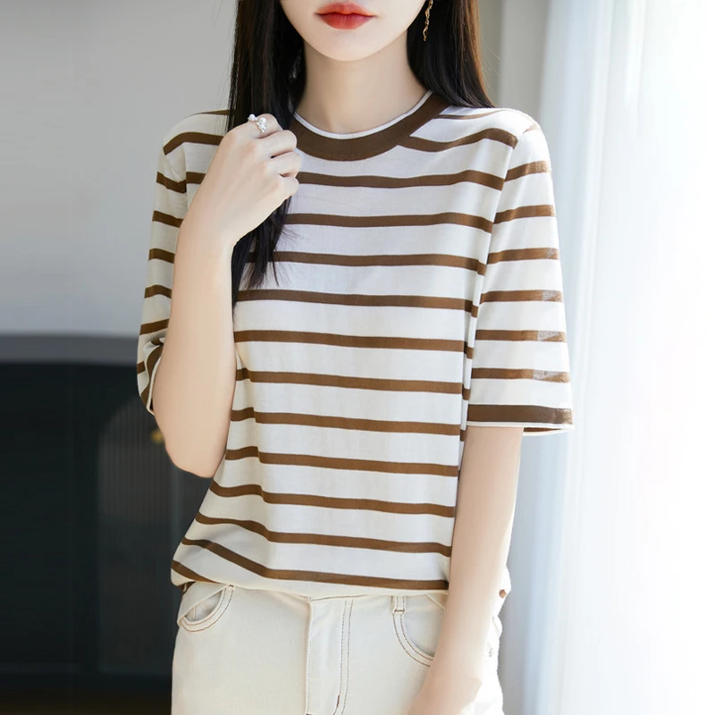 25年夏季新款桑蚕丝莱赛尔圆领针织衫短袖T恤女拼色条纹打底上衣