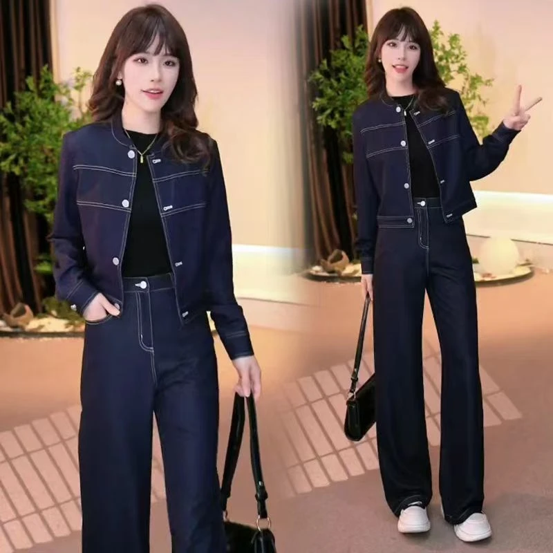 时尚牛仔套装女2025春季新款洋气减龄气质显瘦短外套阔腿裤两件套