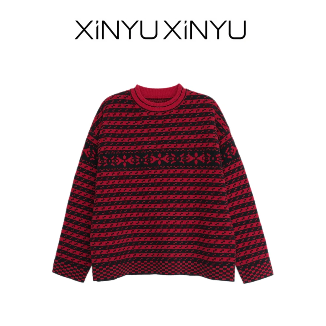 XINYU/芯与 G 100绵羊毛雪花条纹撞色针织毛衣 424140 时尚 宽松