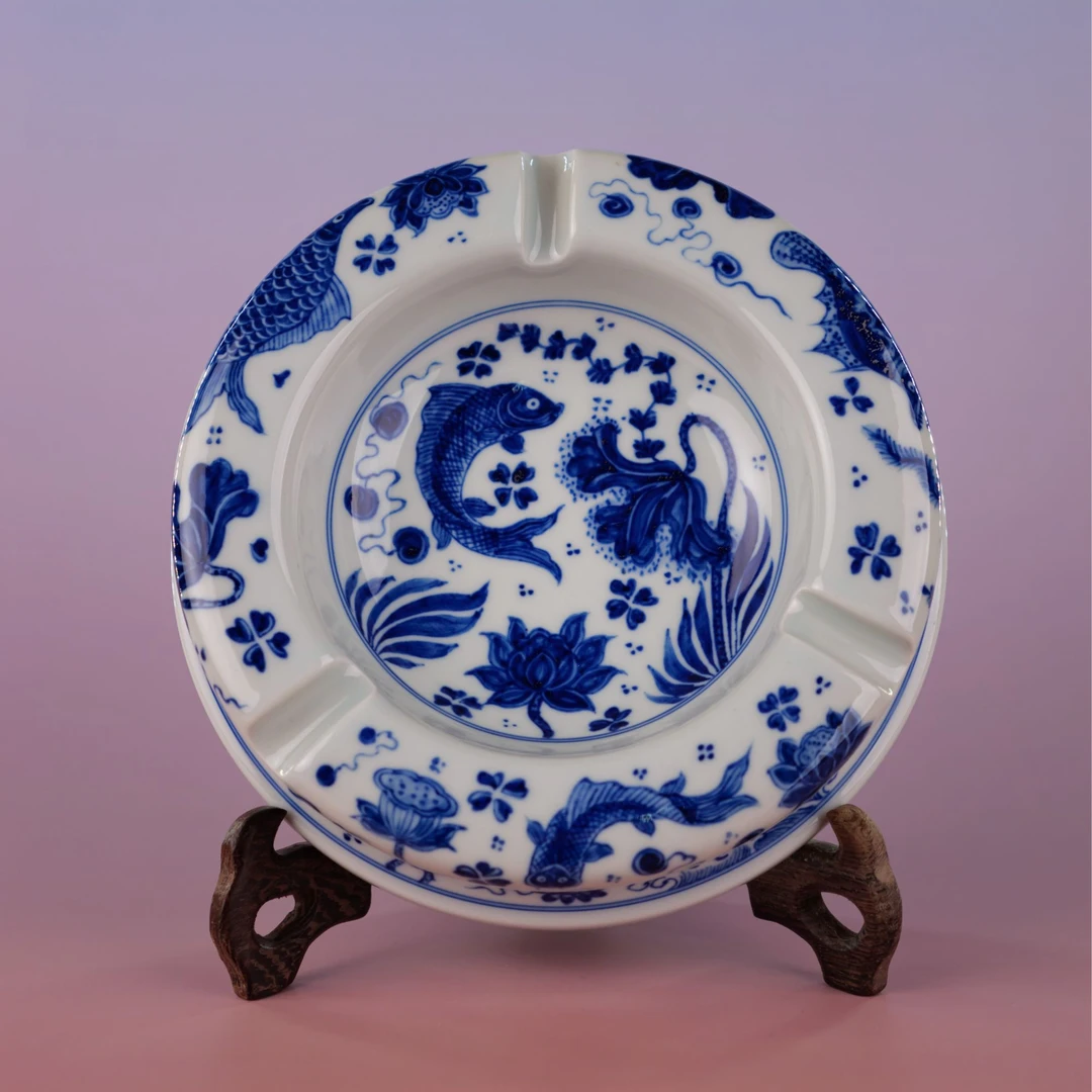 禄意窑青花鱼藻纹烟灰缸全手工手绘家用陶瓷茶具釉下彩