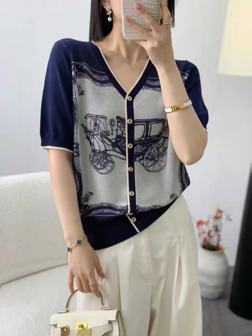 深圳南油白桃美美 复古老爷车撞色提花针织开衫夏季新款时尚A2877