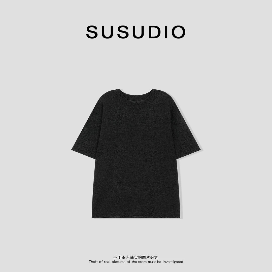 SUSUDIO 和纸纱春夏休闲百搭圆领短袖透气针织衫 50080