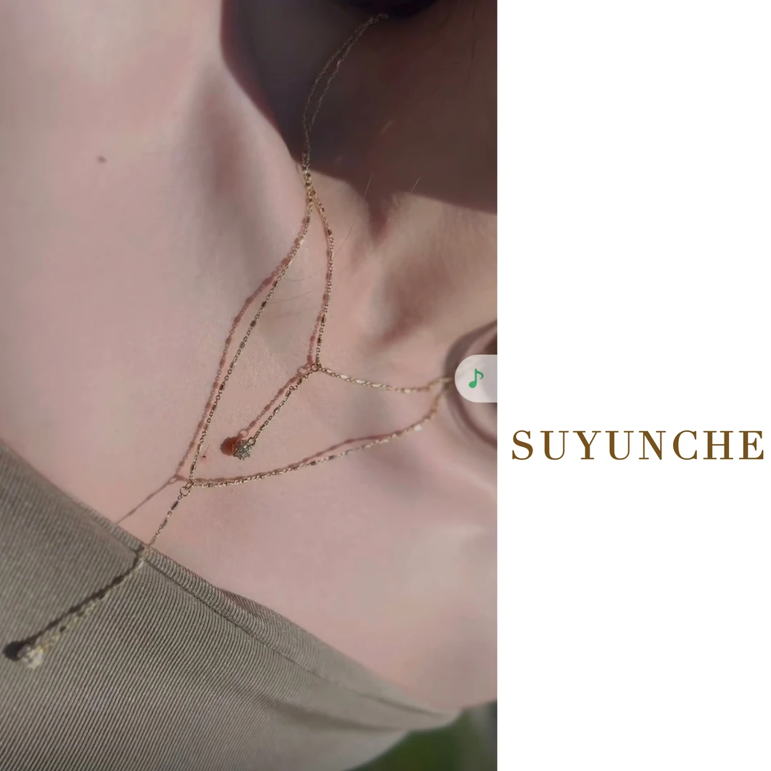 铜合金项链 Suyunche2563轻奢绿金色双层双吊坠层次感时尚项链