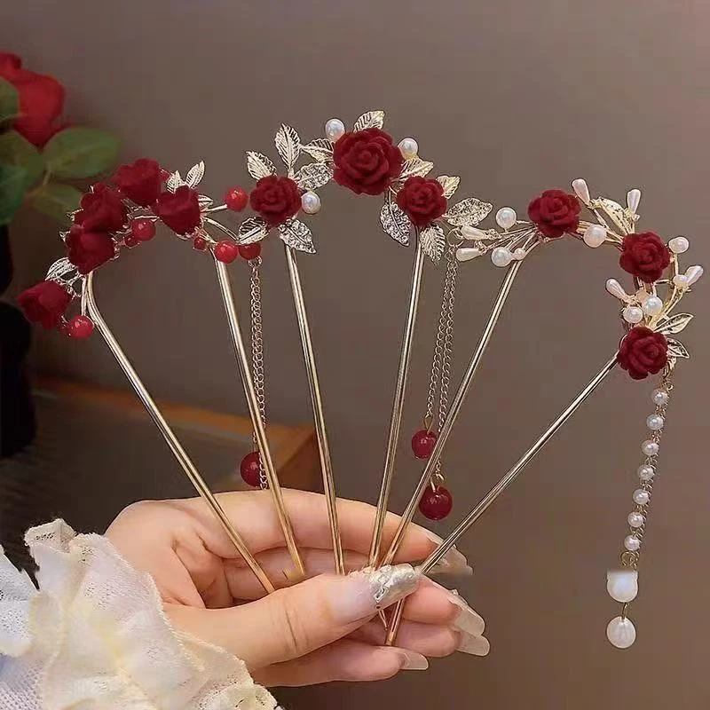 新中式头饰红色玫瑰花流苏发簪古风U型簪子新娘服发钗高级感发饰