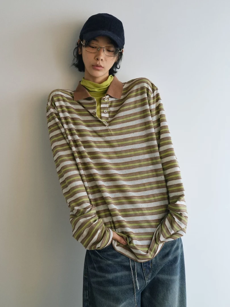 wong_ting<旧年胶片>三色复古小众条纹常规款POLO衫9402