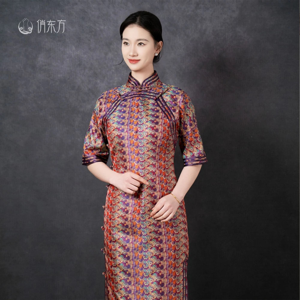 俏东方【万世如意纹】春夏蜀锦100桑蚕丝老纹样三包边全开襟旗袍
