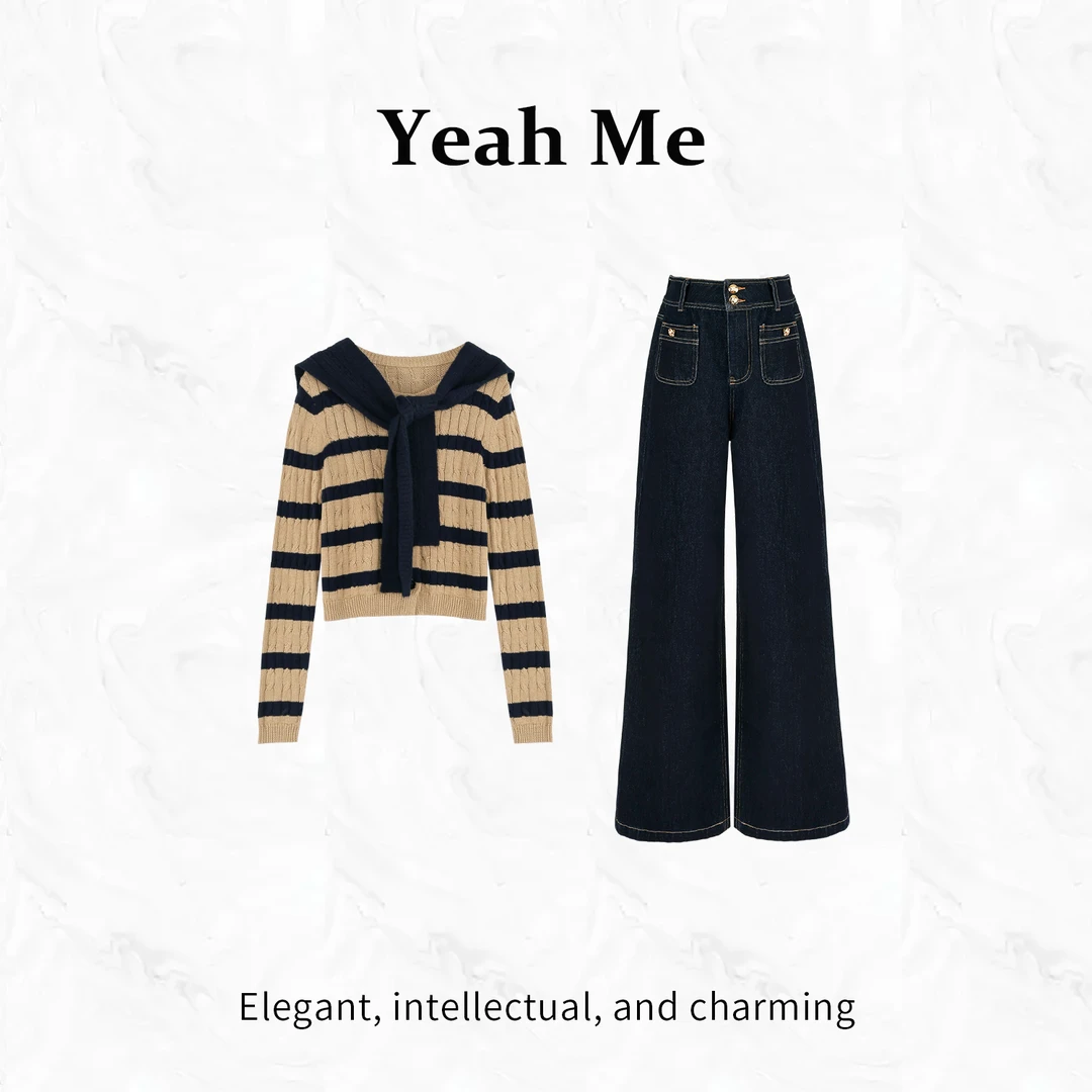 Yeah Me/也觅【半糖摩卡】秋季新款文艺风气质百搭长裤套装显瘦穿搭