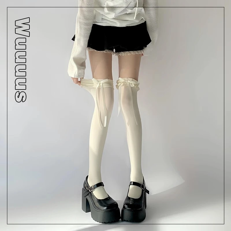 花边蝴蝶结长筒袜过膝袜Lolita蕾丝高筒袜jk袜子女夏季薄款白袜