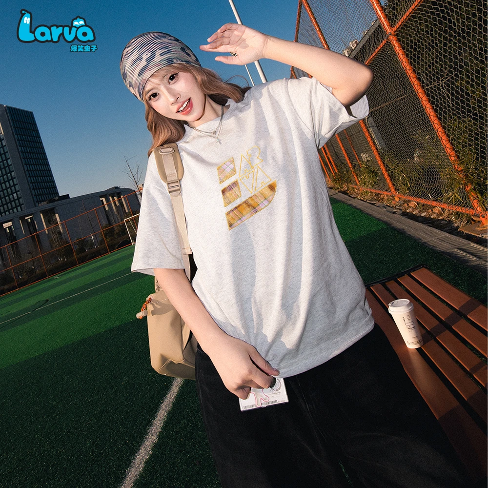 LARVA/爆笑虫子纯棉重磅半袖彩格刺绣男女同款宽松夏季短袖T恤潮