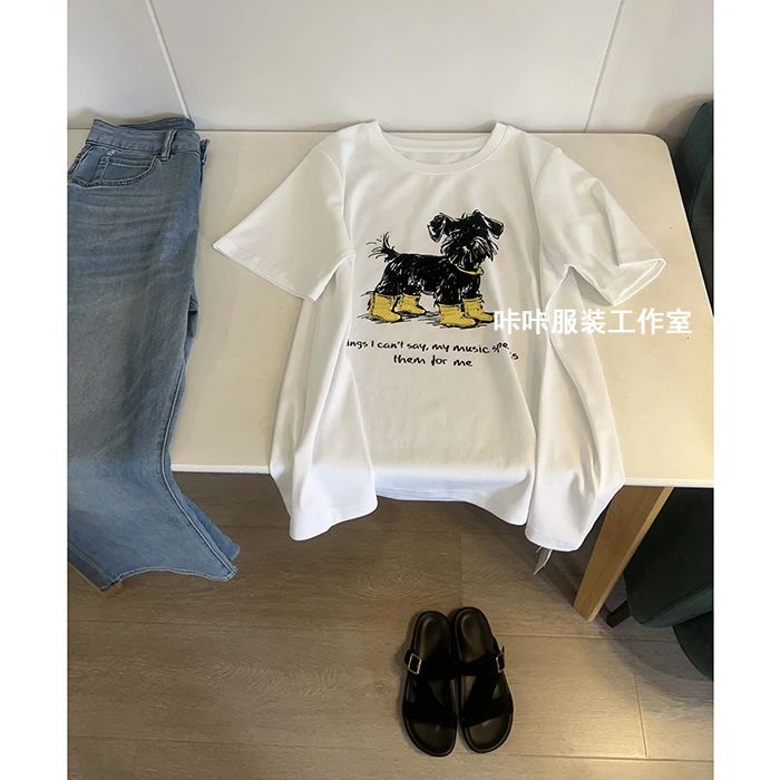 REKAYYAT“靴子狗”韩系时尚百搭植绒卡通印花圆领短袖T恤女款