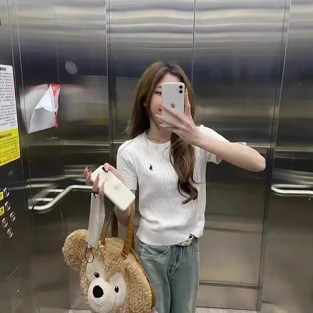 小马麻花短袖针织衫女夏季2025新款学院时尚洋气刺绣圆领T恤上衣