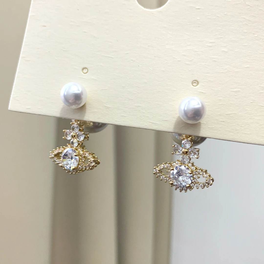 铜合金锆石耳饰 小众星球珍珠耳钉法式轻奢高级感气质耳饰