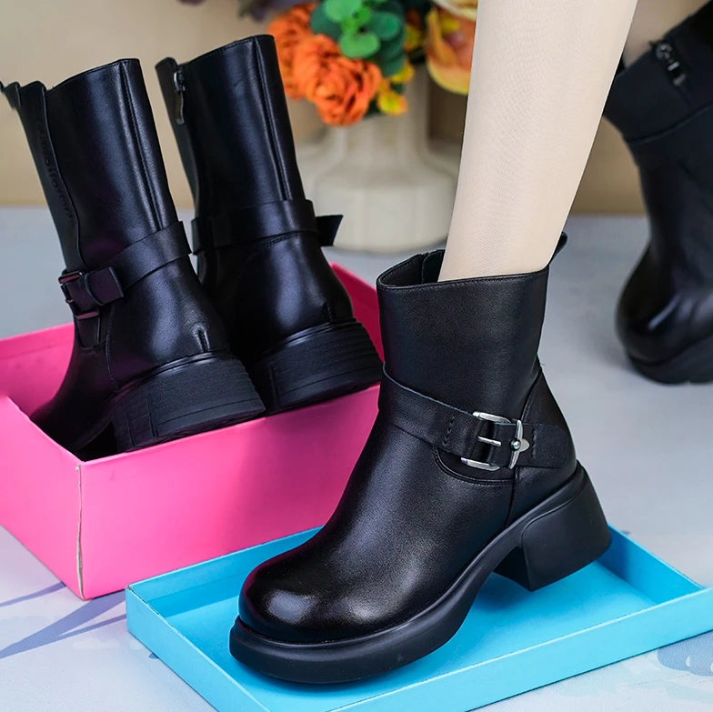 JXM25998-1秋冬新款粗跟头层牛皮马丁靴女软底软面加绒休闲女靴