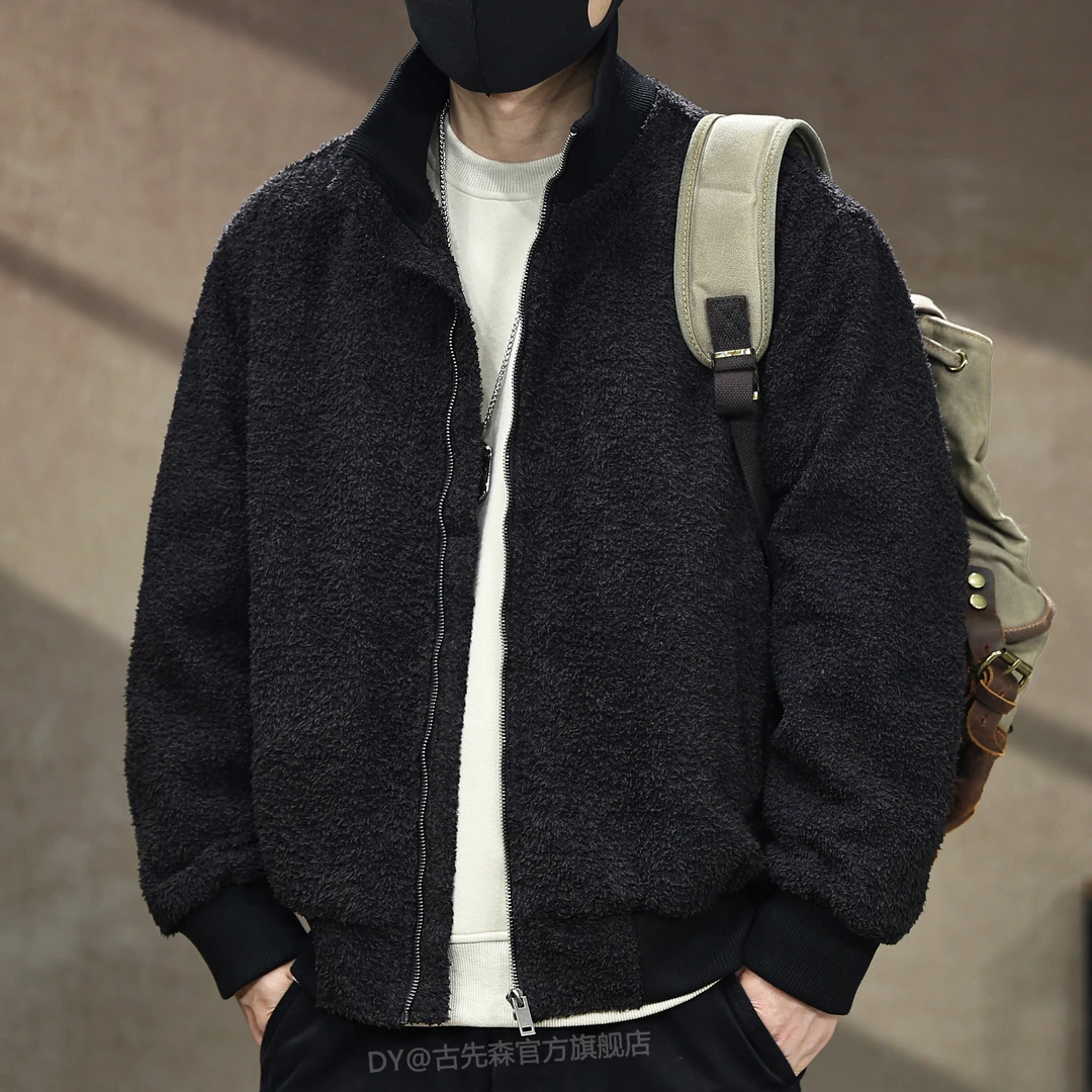 美式高端复古立领牛仔绒夹克男秋冬新款宽松大码潮牌保暖上衣外套