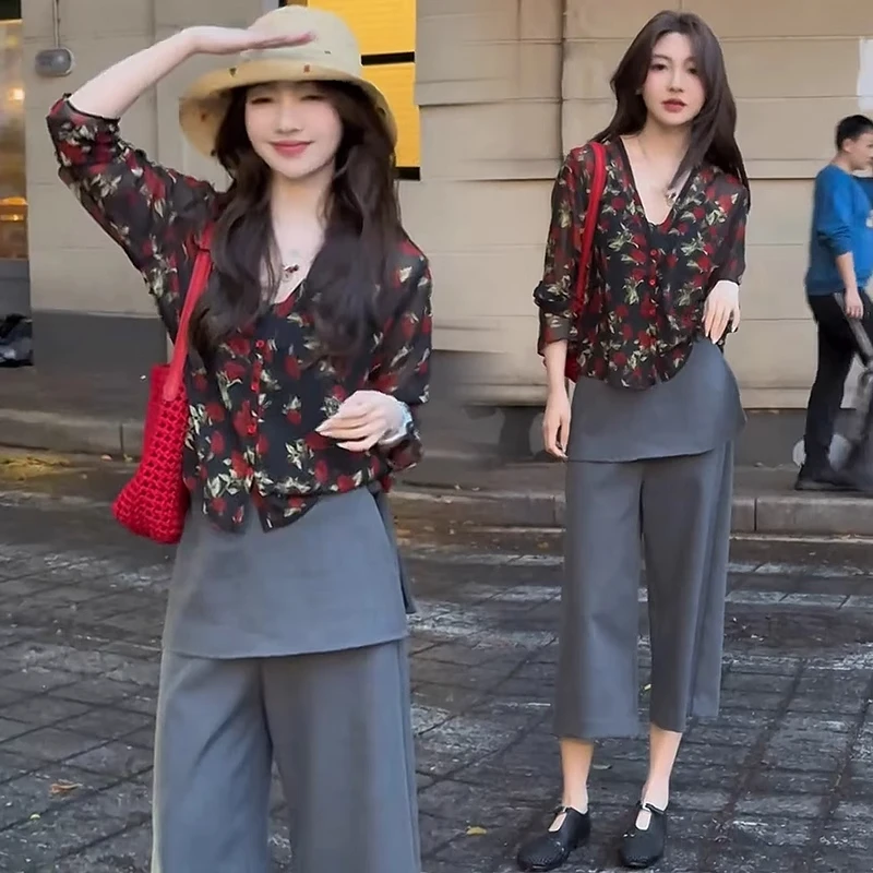 时尚洋气套装女2025夏季新款时髦显瘦印花雪纺衫阔腿裤网红两件套