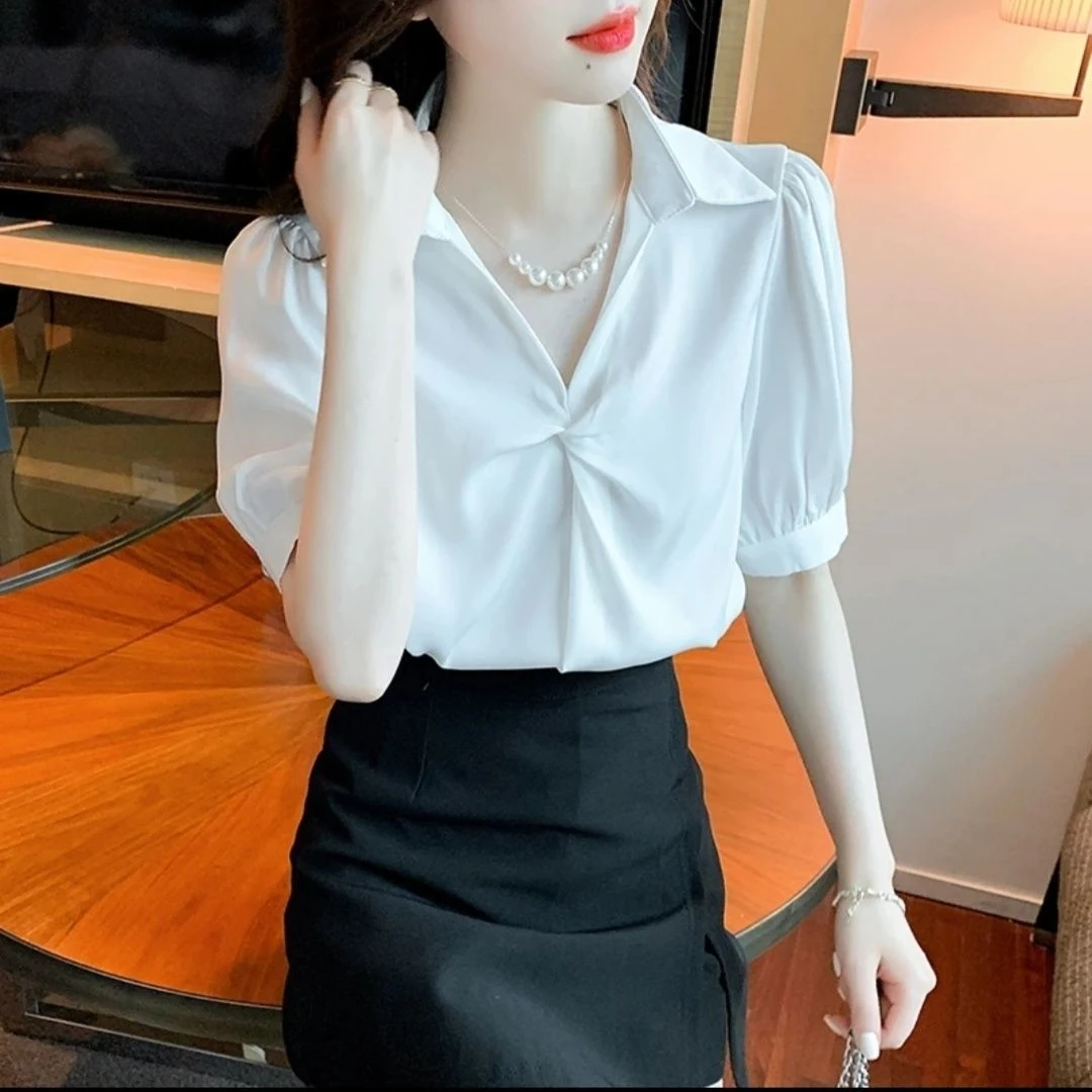 时尚衬衫休闲洋气夏装v领衬衣宽松休闲百搭上衣女新款短袖褶皱领
