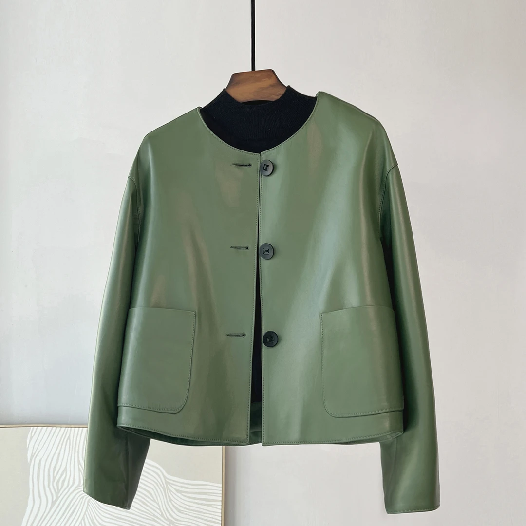 海宁真皮皮衣短款秋款绿色小个子小款绵羊皮女士外套软皮秋季女款
