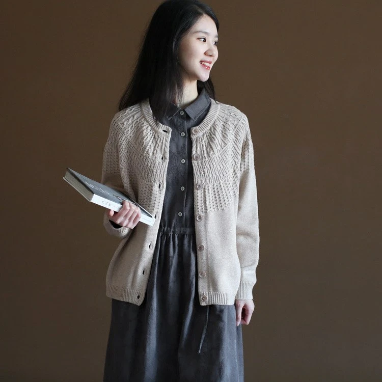 森系韩版针织开衫上衣女式2025秋冬文艺宽松杏色长袖圆领排扣外套