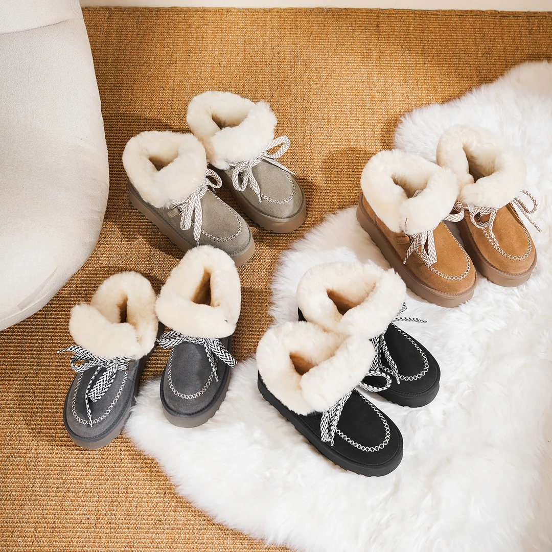 手工制作冬季新款加厚羊毛时尚雪地靴女款保暖缝制加厚爆款棉鞋