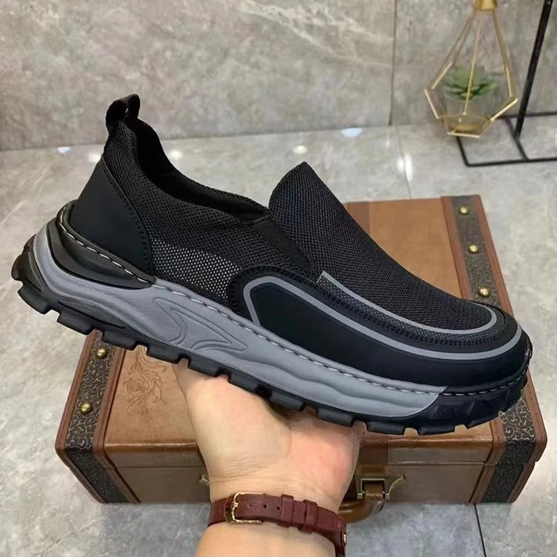 男鞋夏季透气防臭一脚蹬帆布板鞋网面运动休闲软底黑色劳保工作鞋