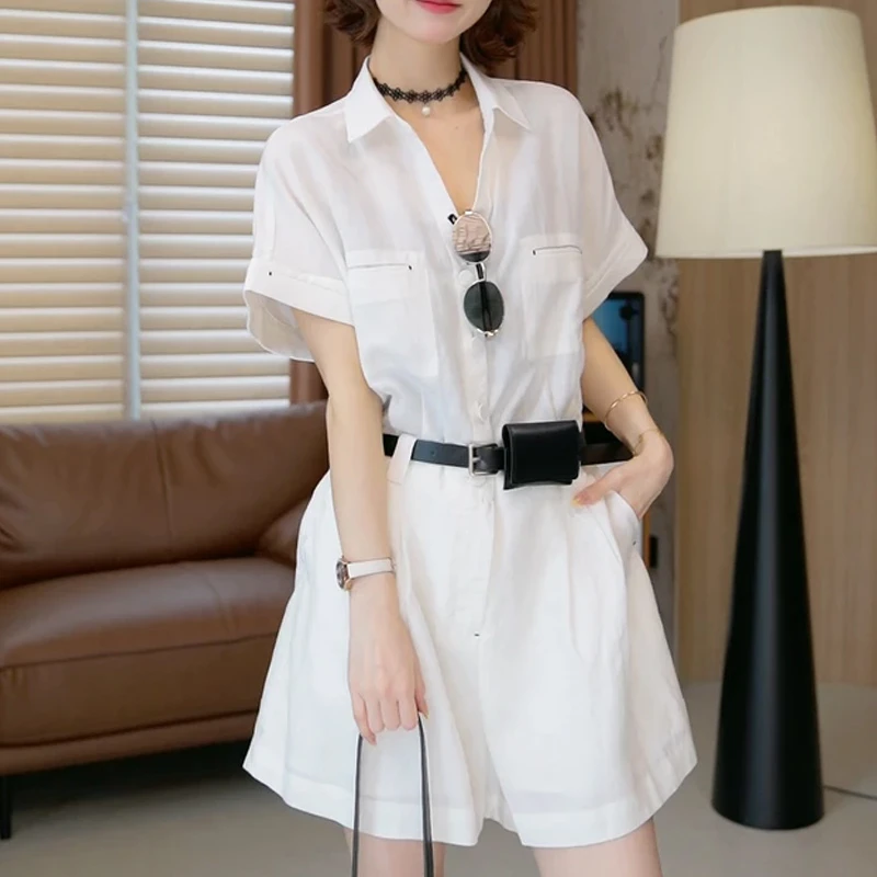 2025年夏季新款翻领纯色连体裤女生时尚百搭设计感小众洋气衣服潮