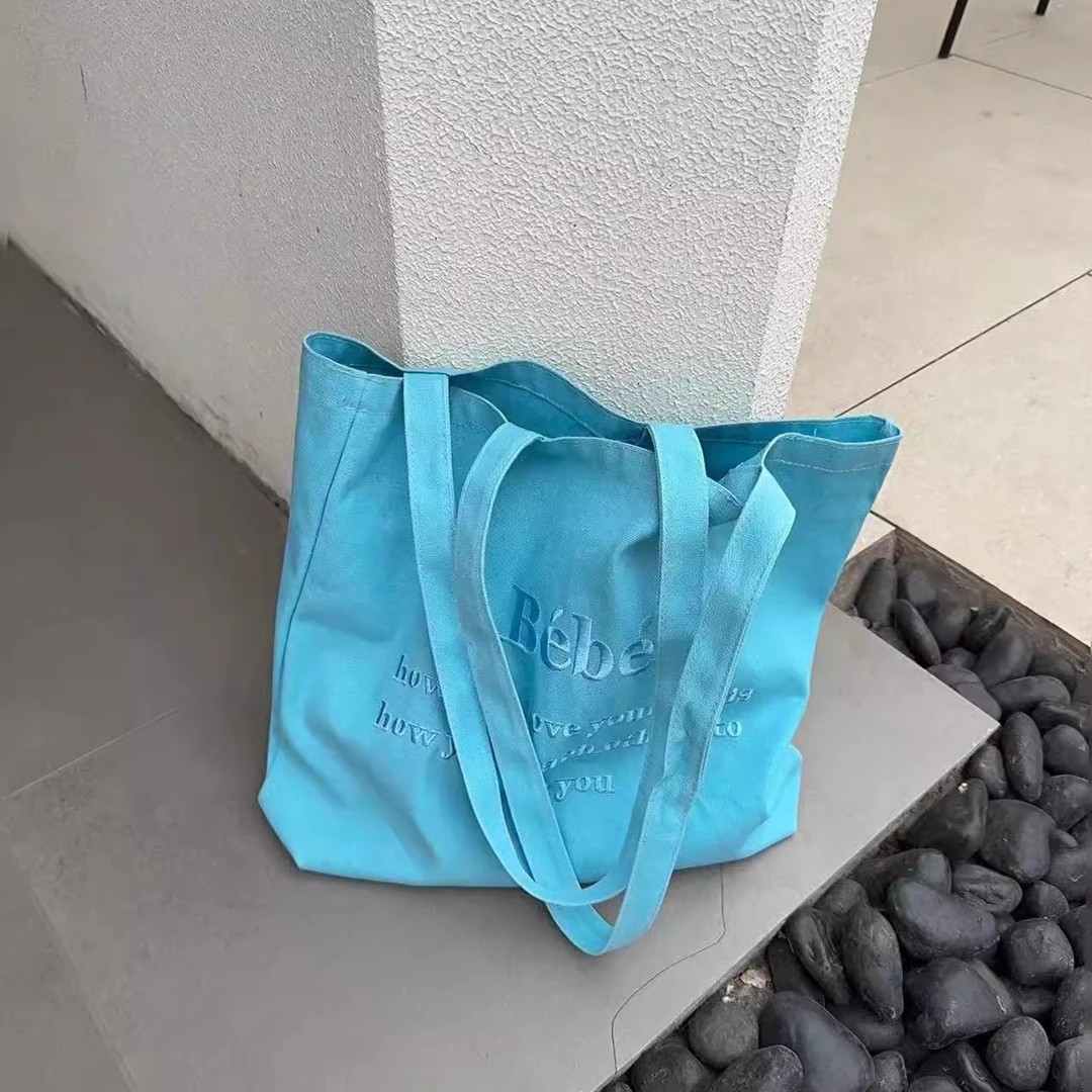 马卡龙色刺绣单肩托特包学生大容量帆布包外出便携包包百搭松弛感