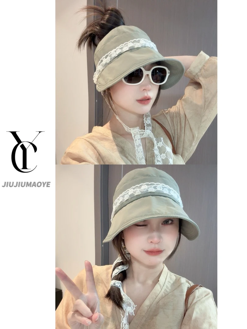 蕾丝飘带空顶帽夏季可扎高马尾遮阳帽大檐防紫外线渔夫帽薄款遮脸