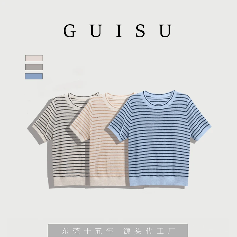 【素姐高定】和纸棉纱珠片条纹短袖针织衫SYH102911