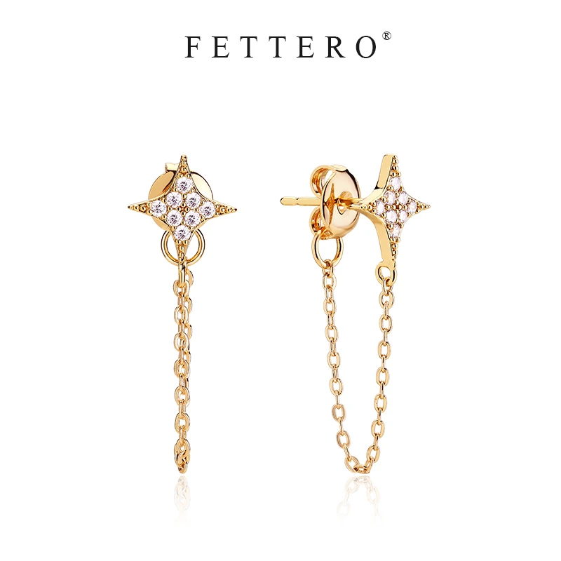 fettero 铜合金耳饰 【金色bling链条耳钉】气质百搭小众简约镶钻