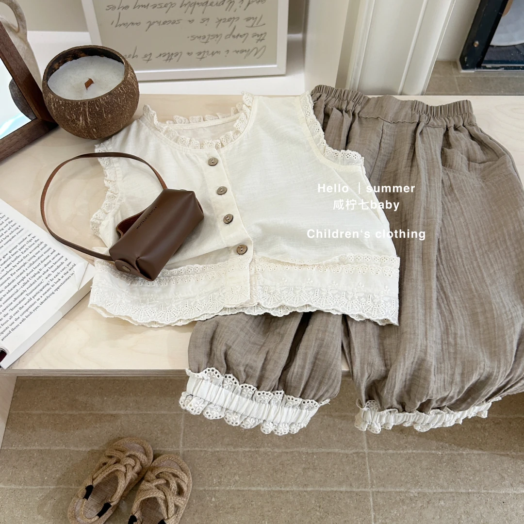 【咸柠七】女童夏装套装2025洋气女宝宝花边背心灯笼裤两件套儿童
