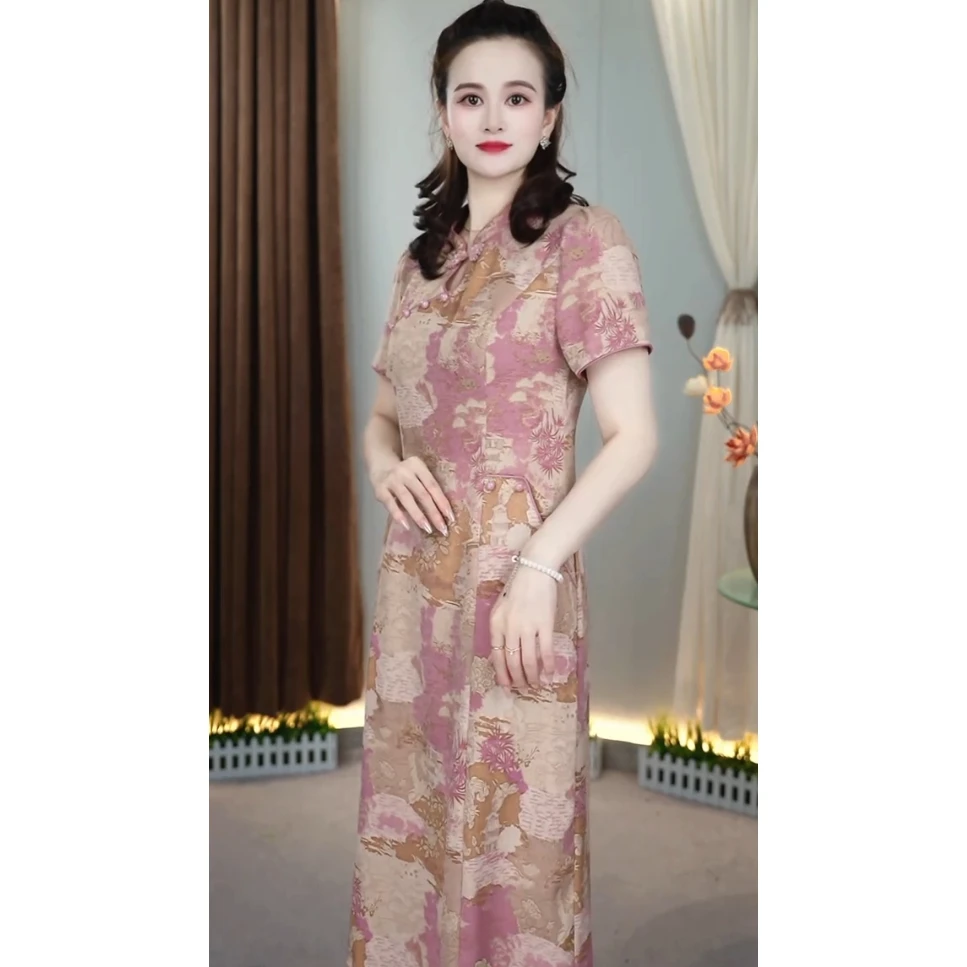 1908夏季新款连衣裙减龄收腰显瘦时尚中式妈妈装气质